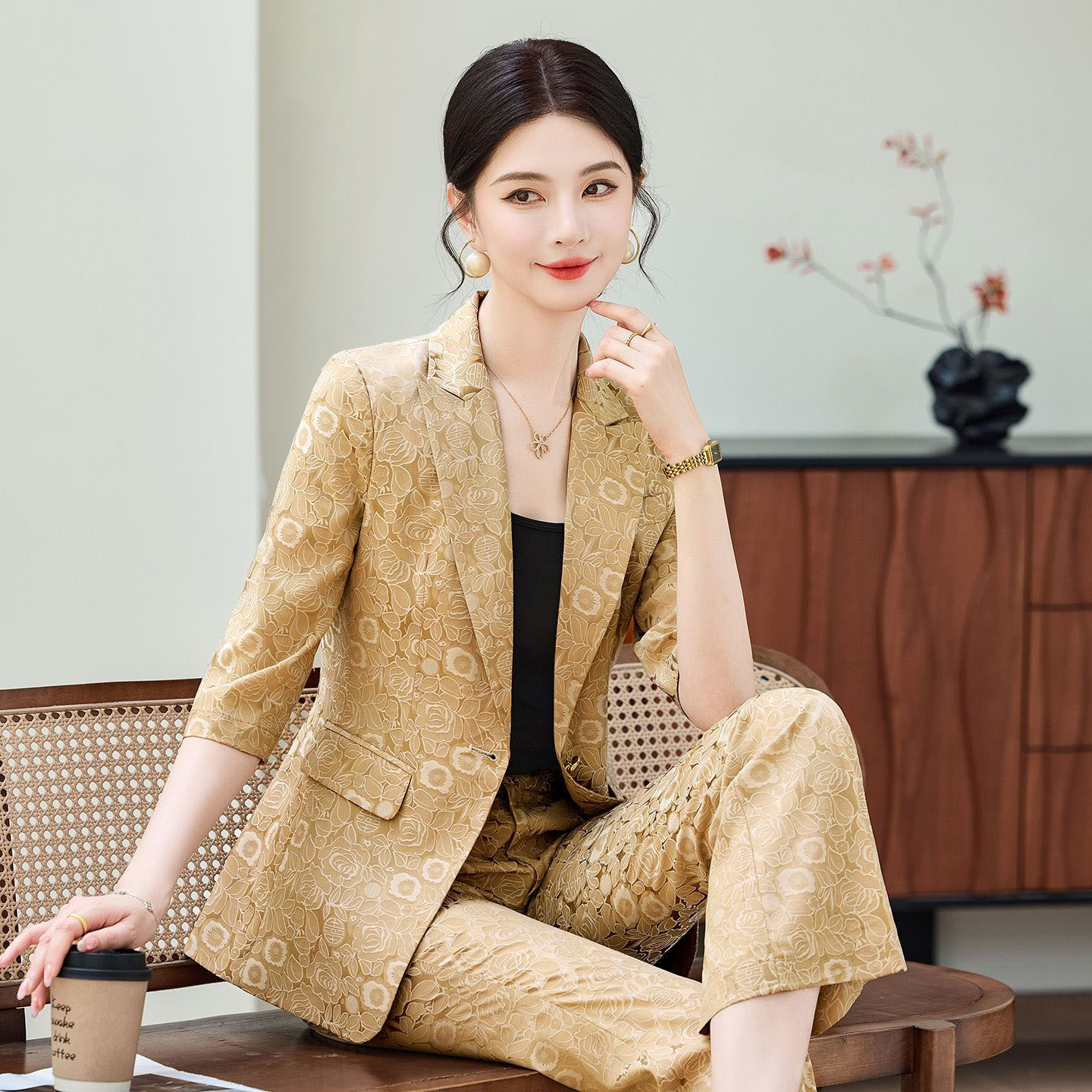 Women Formal Wear Pants - Fashion Apricot Half Sleeve Professional Suit