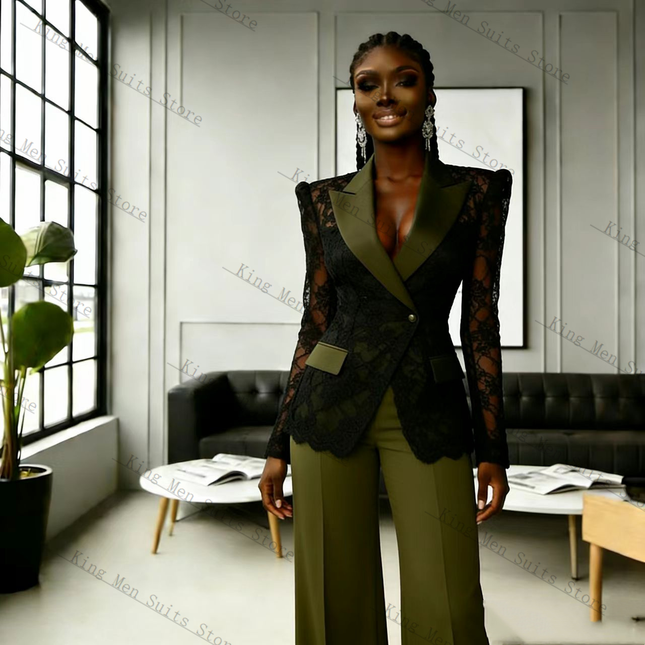 Women Formal Wear Blazer Set - Green Black Lace Women Suit Set