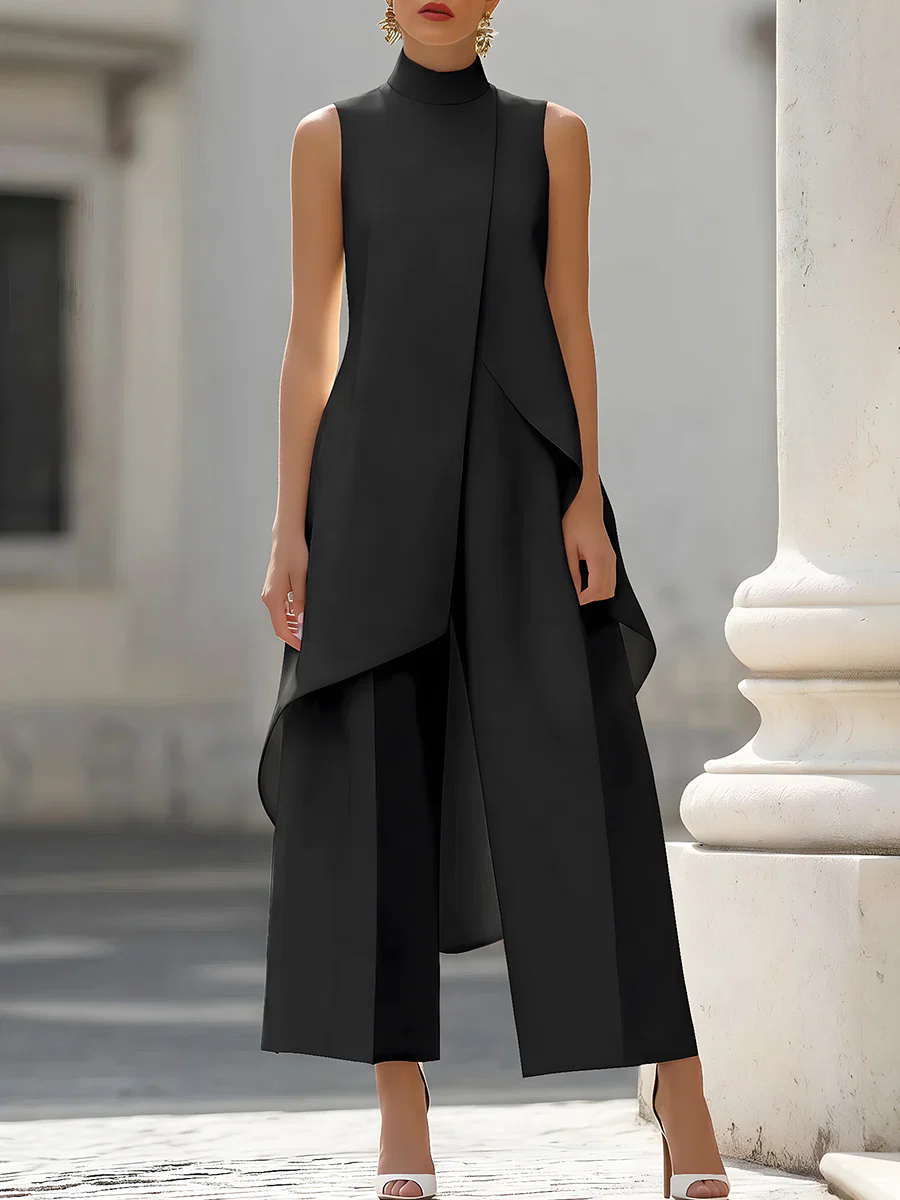 Women Formal Wear Pants - Sleeveless High Neck Asymmetrical Overlay Jumpsuit