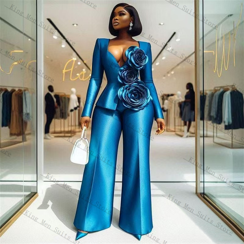 Women Formal Wear Blazer Set - Blue Satin Women Suit Set 2