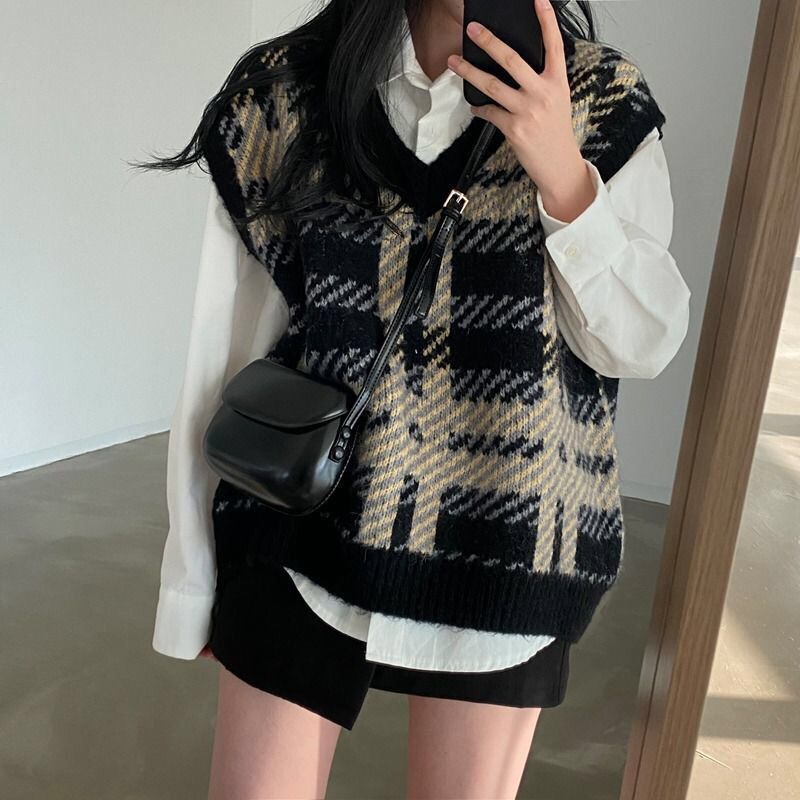 Plaid Lady Sweaters Tops 2025  - Women Formal Wear Korean ulasan dan harga