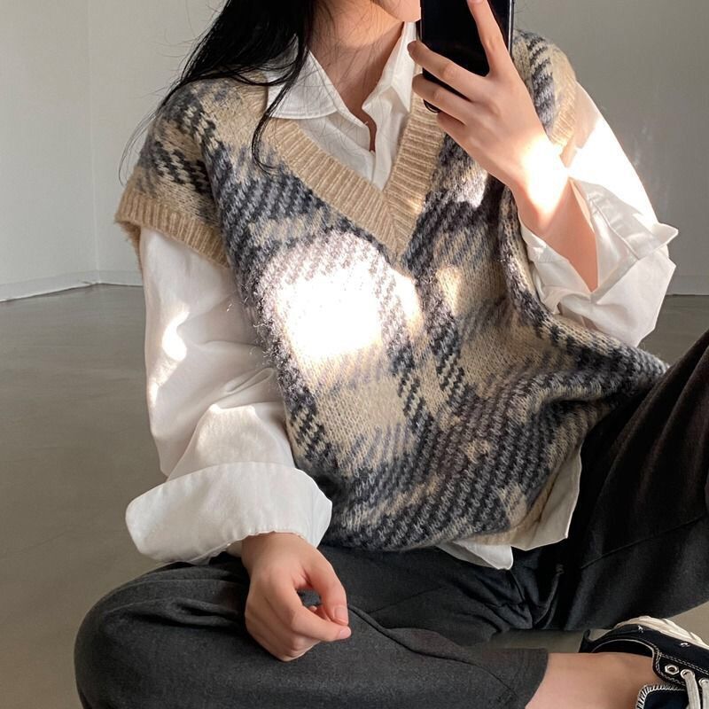 Plaid Lady Sweaters Tops 2025  - Women Formal Wear Korean ulasan dan harga