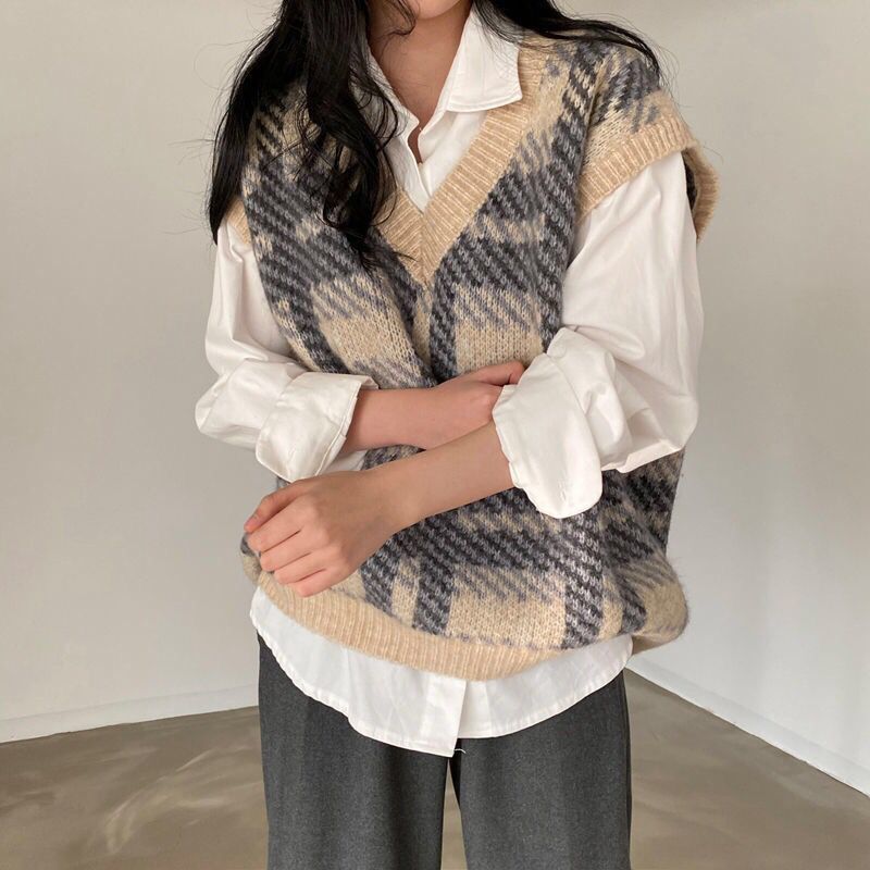 Plaid Lady Sweaters Tops 2025  - Women Formal Wear Korean ulasan dan harga