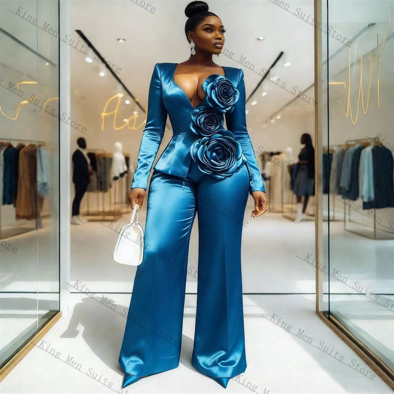 Blue Satin Women Suit Set 2 Pc - Women Formal Wear Blazer Set ulasan dan harga