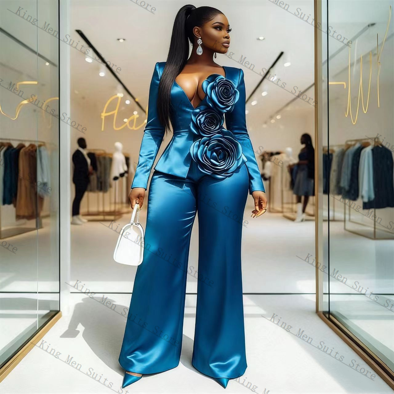 Blue Satin Women Suit Set 2 Pc - Women Formal Wear Blazer Set ulasan dan harga